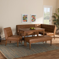 Baxton Studio BBT8051.11-TanWalnut-5PC Dining Nook Set Baxton Studio Sanford Mid-Century Modern Tan Faux Leather Upholstered and Walnut Brown Finished Wood 5-Piece Dining Nook Set